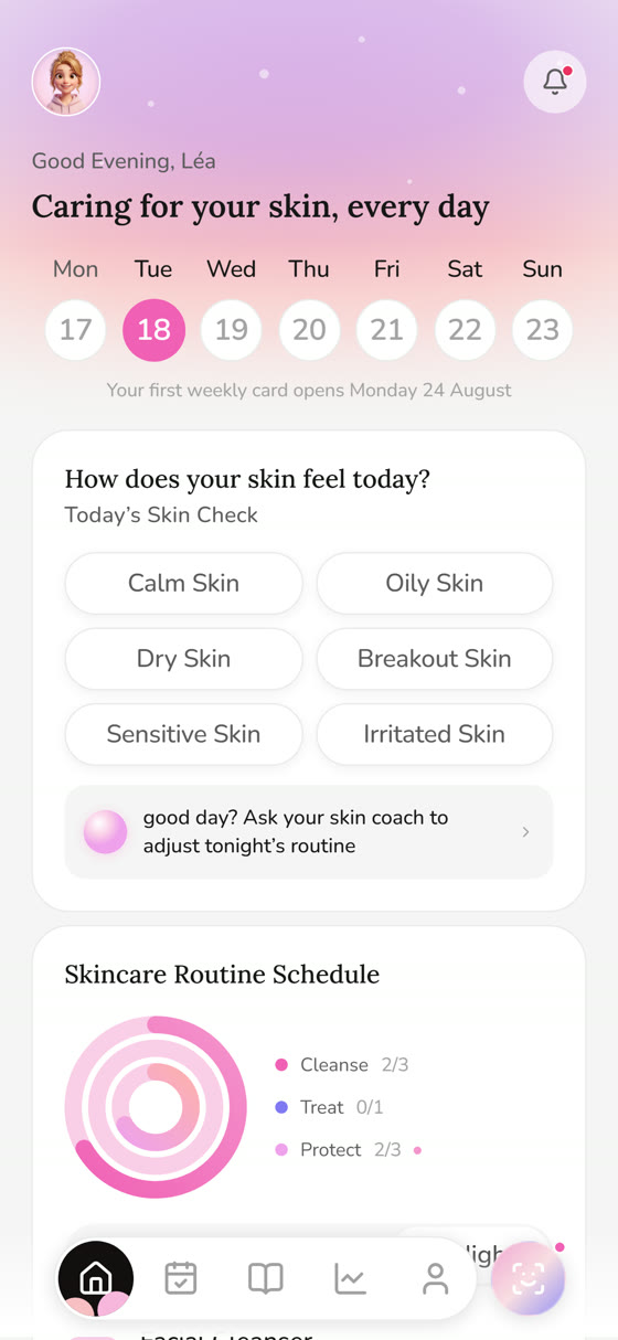 The Blimae home screen: today's routine, the daily rings and the skin check