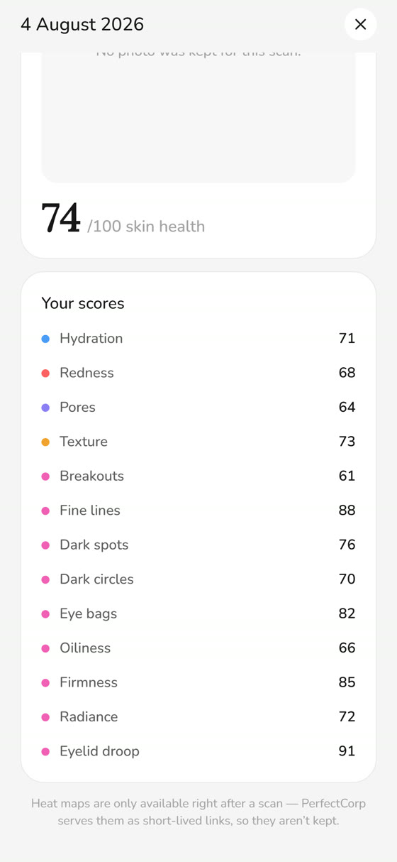 A skin report with a score for each of the thirteen concerns